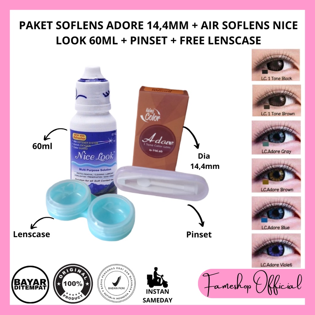 PAKET SOFTLENS ADORE DIA 14,4MM + CAIRAN NICE LOOK 60ML + PINSET + LENSCASE / COD INSTAN SAMEDAY / LENSA KONTAK / PAKET MURAH