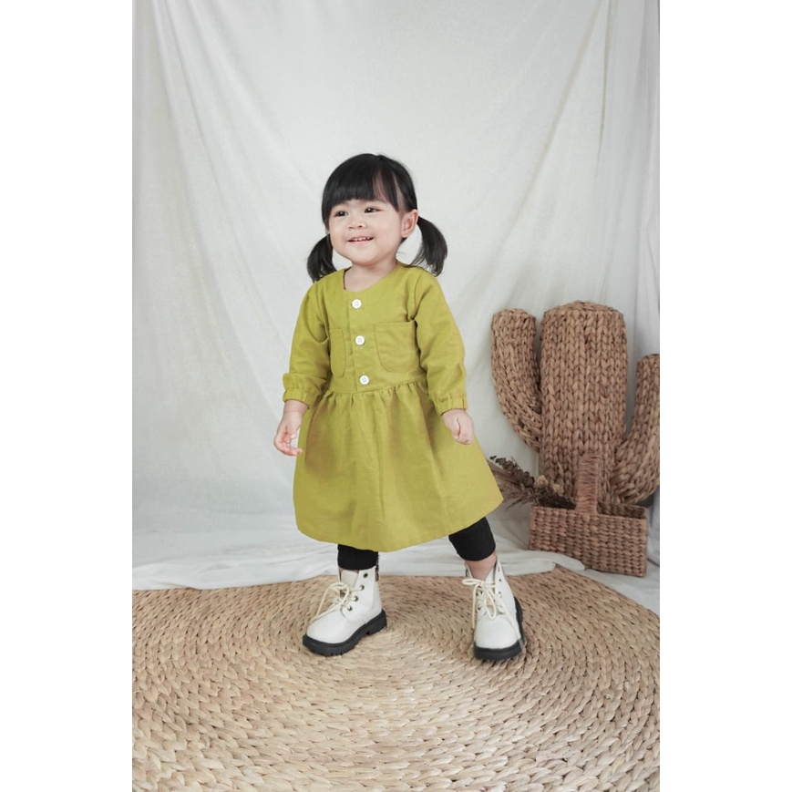 (Capung Kidswear) Dres Anak Polos Katun Rami Tangan Panjang Kimiko (1-6 tahun)