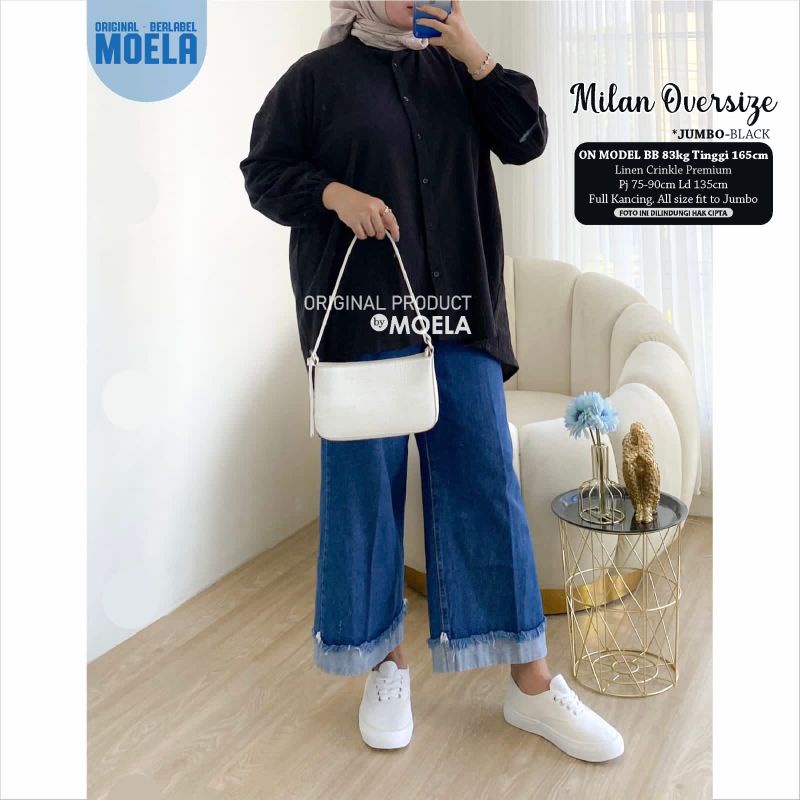 MILAN ATASAN KEMEJA TUNIK WANITA OVERSIZE POLOS MOTIF UKURAN JUMBO LD 130 135 cm BAHAN LINEN CRINKLE