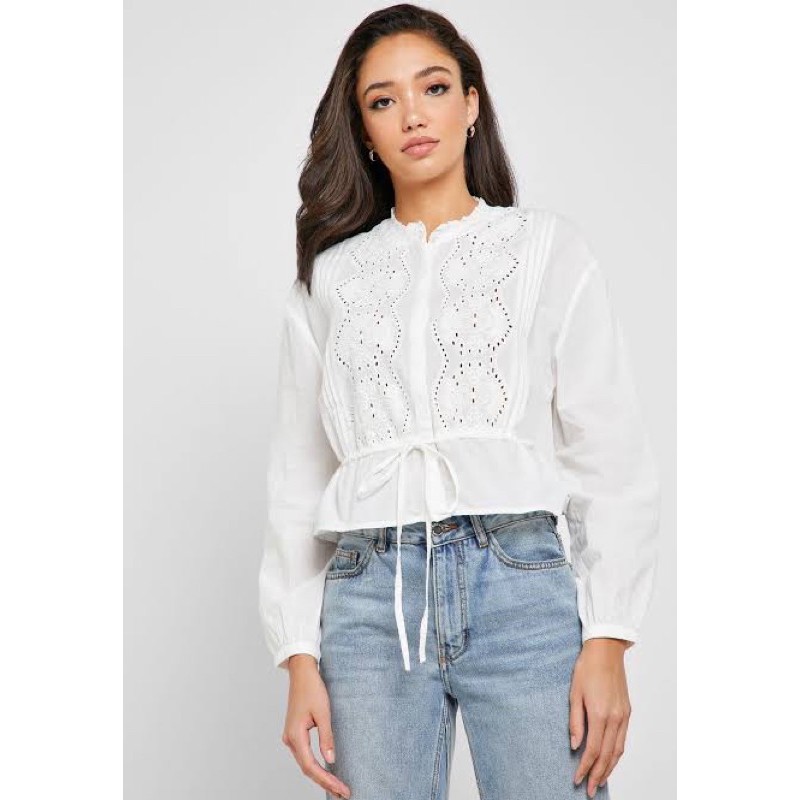 Mango Ruffle Neck Drawstring Top