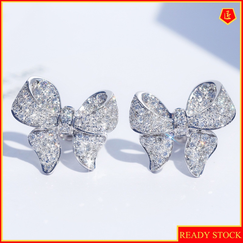 [Ready Stock]18K Platinum Bow Diamond Earrings for Women