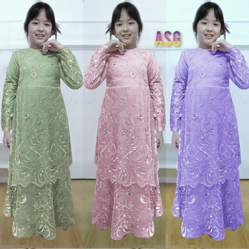 ♤BARU♤ Gamis Fashion Sarah Kid / Dress Brukat Anak Full 2 Tingkat Premiun / Baju Couple Ibu &amp; Anak