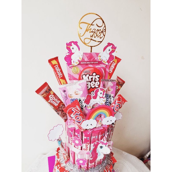 Jual tower snack ulang tahun tema pink unicorn my little pony bisa untuk  kado hampers parcel lebaran hadiah wisuda valentine | Shopee Indonesia