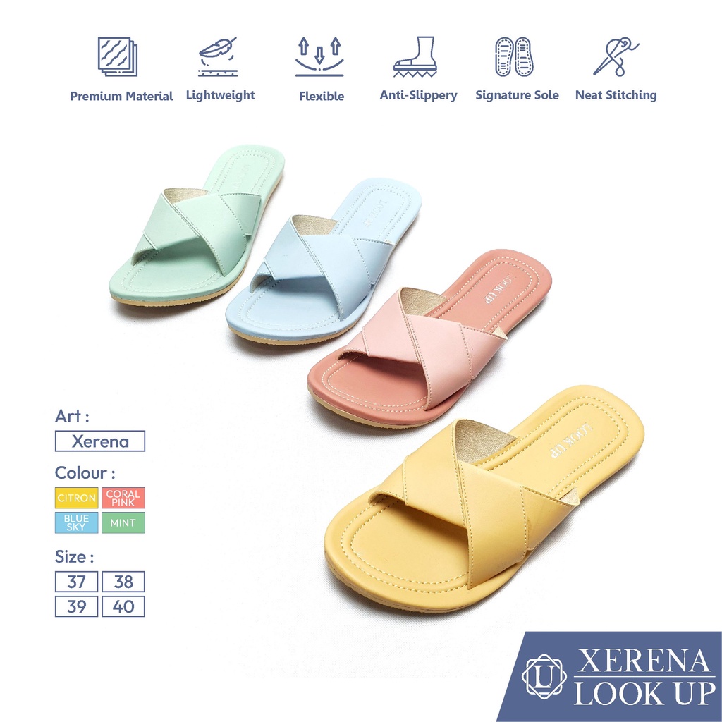 Sandal Kulit Wanita Sendal Wanita Sandal Teplek Wanita Kokop Slide Pastel Kekinian Look Up- XERENA