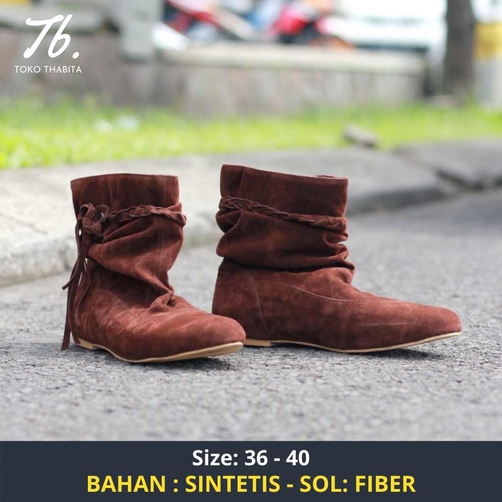 Sepatu Boots Wanita Flat Kulit Imitasi Korean Style Tanpa Tali Blackkelly Original