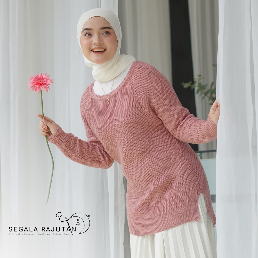 Sweater Rajut Motif Cable | Baju Rajut Fluffy - Dusty Pink