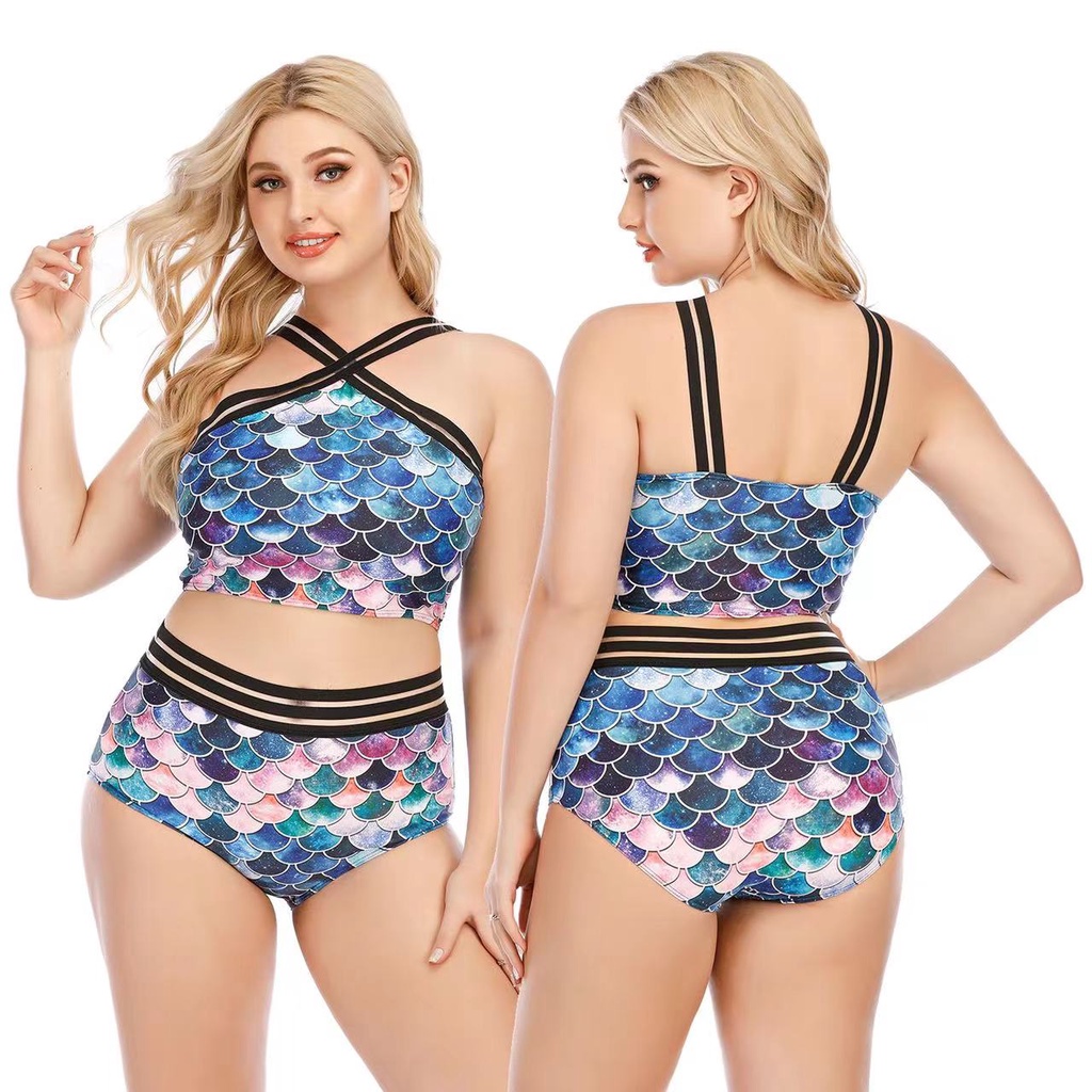 Bikini High Waist Jumbo Big Size Motif Mermaid Scales Pink Blue Purple Black Mesh Baju Renang Wanita