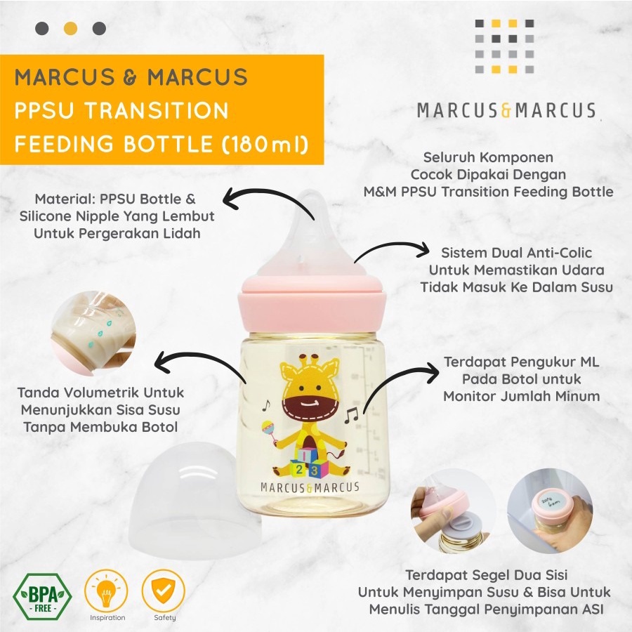 Marcus &amp; Marcus - PPSU Transition Feeding Bottle (180ml) - Giraffe Pink