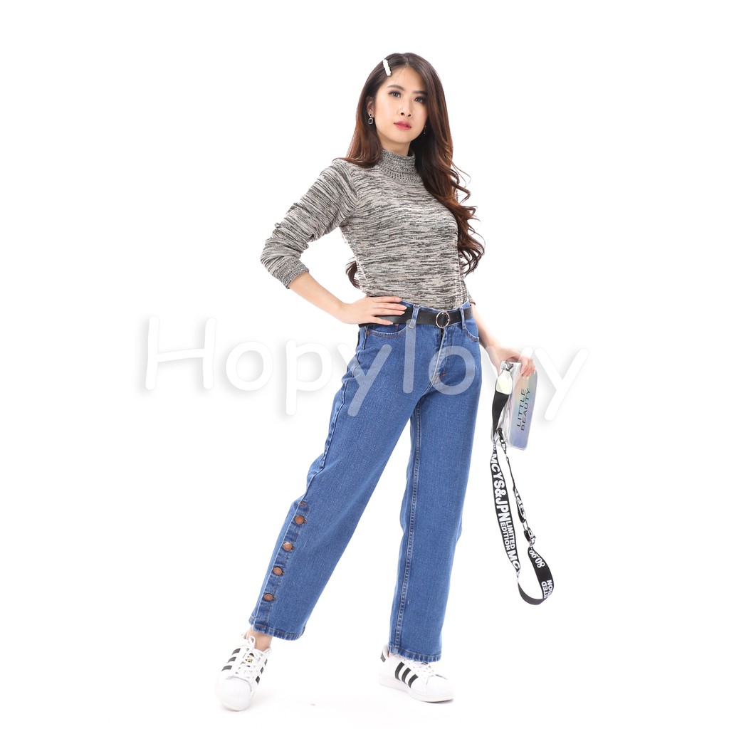 HOPYLOVY - Celana Boyfriend Jeans Wanita Model Kulot Kancing Samping Arabela