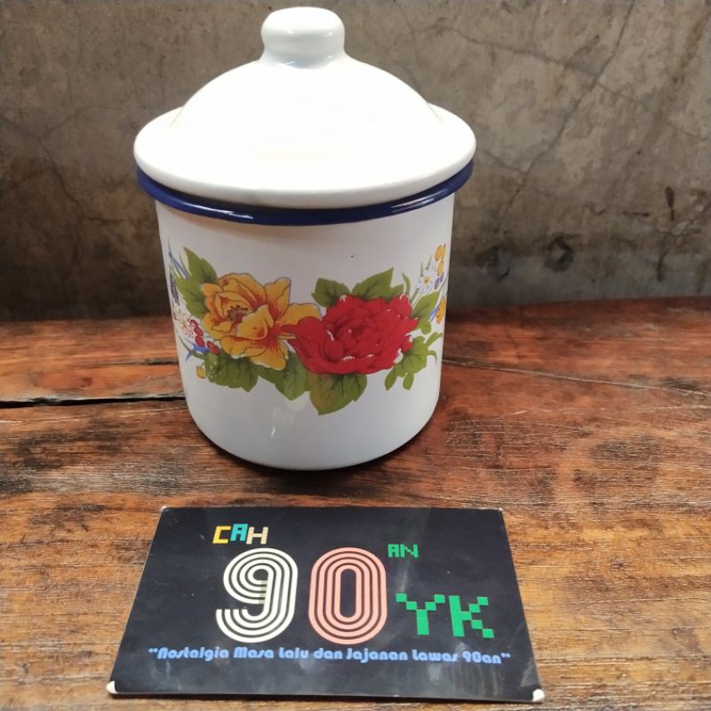 Gelas Kembang ENAMEL 8cm JADUL 90an. Mug Putih Doreng Ndeso Blek Seng. Alat Dapur Klasik. MURAH