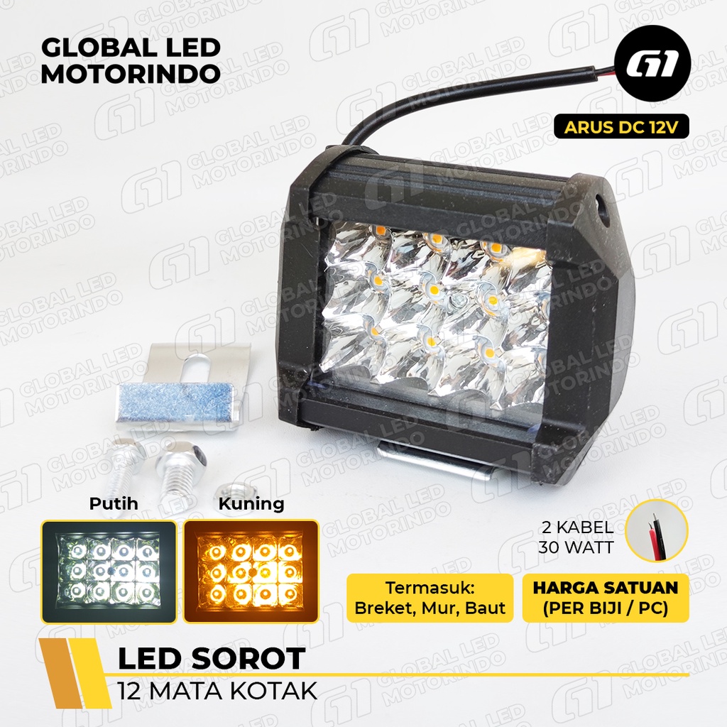 [WERACE] LAMPU LED SOROT 12 MATA KOTAK CWL + BRACKET 18WATT 12VOLT BAHAN ALUMINIUM TEBAL TAHAN LAMA TI AIR PUTIH KUNING