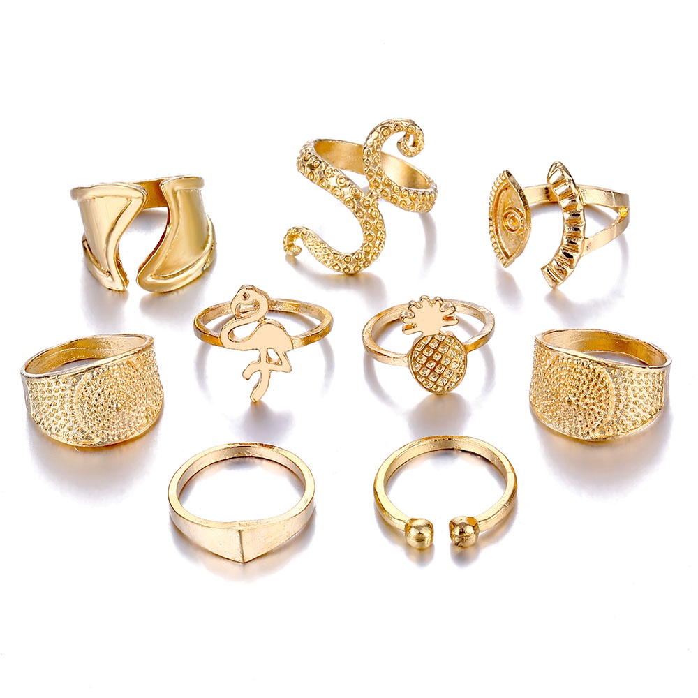 9pcs / Set Cincin Geometris Warna Emas Bahan Alloy Gaya Bohemian Untuk Wanita