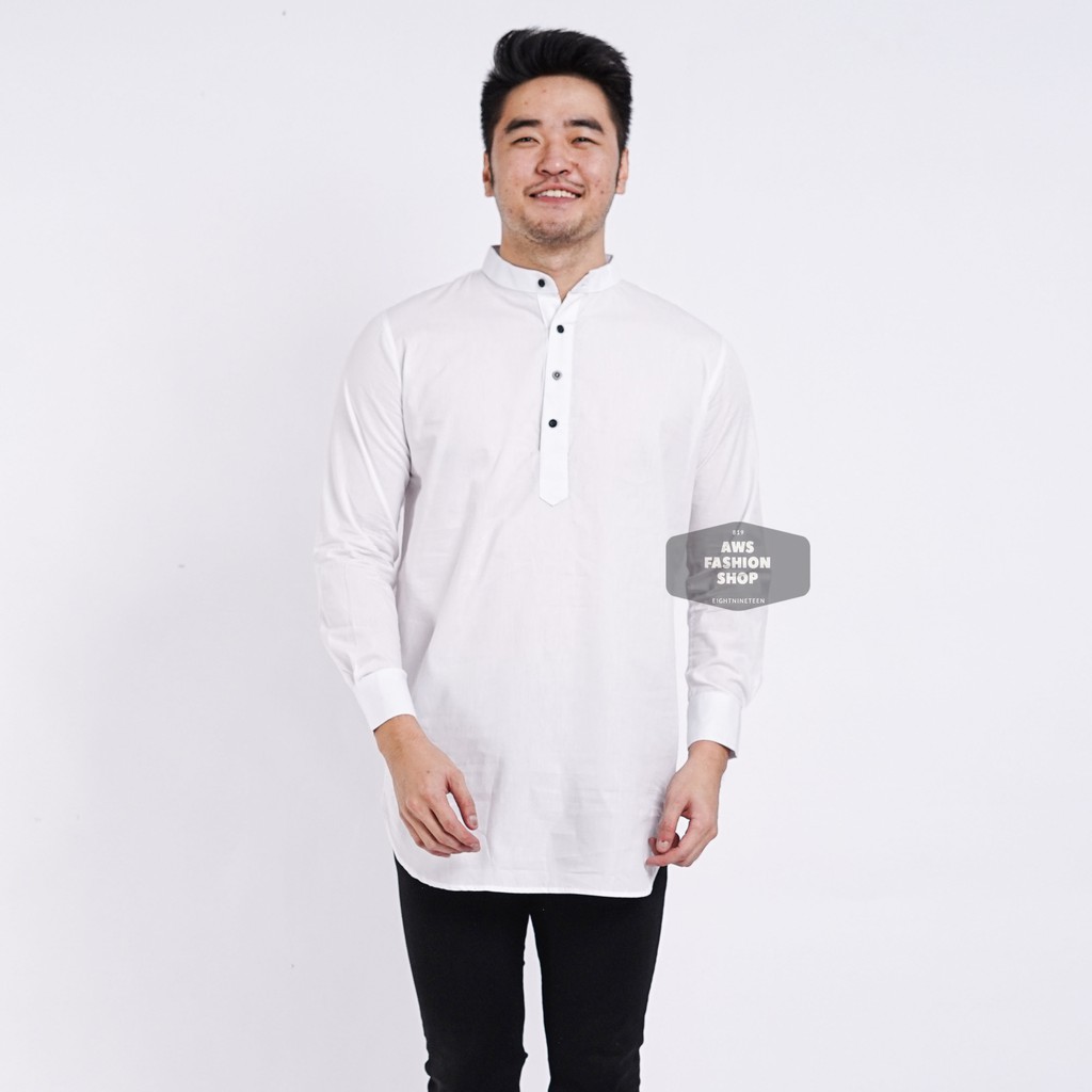 Kemeja Kurta Lengan Panjang Pria Cowok Putih White Polos Kerah Shanghai Ada Big Size