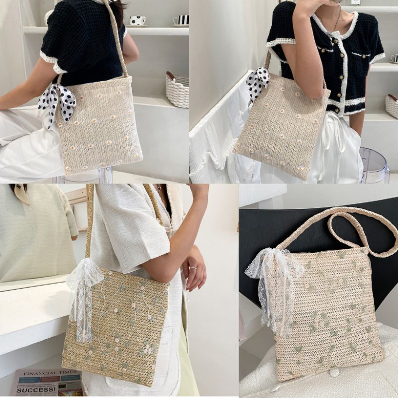 DBCOL Tas Totebag Wanita Bahan Anyam Jerami Motif Lace/Totebag Fashion Model Korea Motif Lace Import