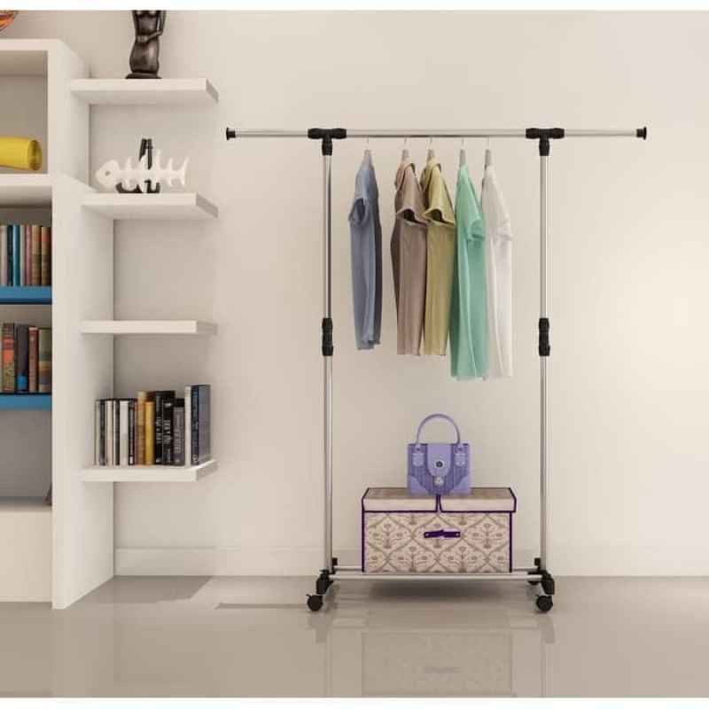 Stand Hanger Single Rak Baju Dekorasi Rumah Tangga Gantungan Baju Dengan 4roda Hitam