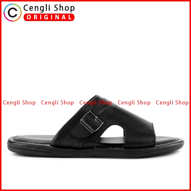 SANDAL SLIDE KULIT OBERMAIN PRIA ORIGINAL CASUAL BRANDED HITAM OM13