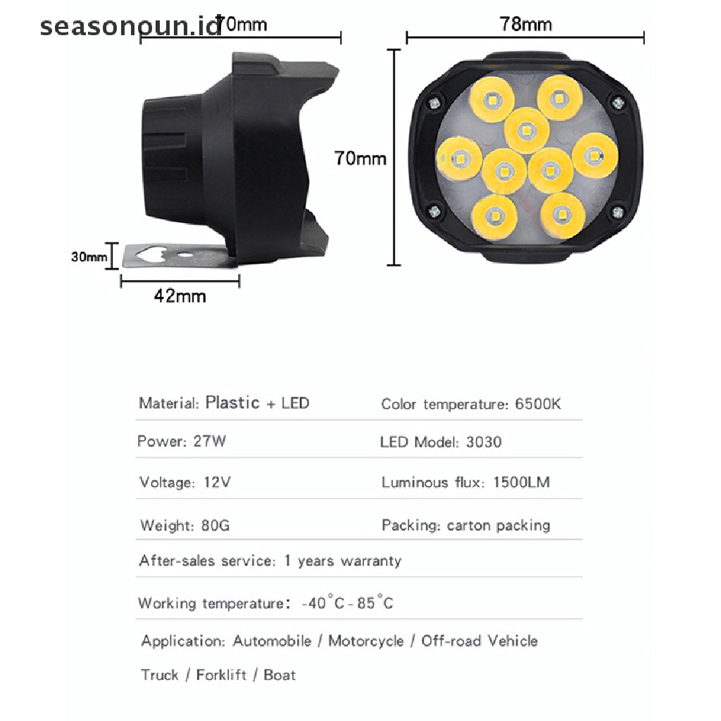 Lampu Depan Motor 9 Led DC 9V-85V / 12V 15W 1500LM Dengan Saklar