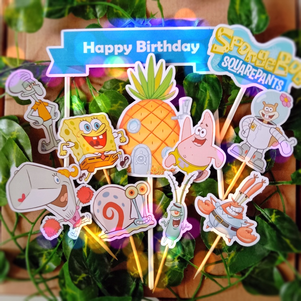 Hiasan / Topper Kue Ulang Tahun Anak Karakter Spongebob Bisa Custom / Tamah Nama