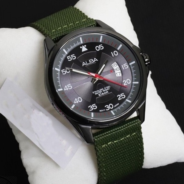 [ PROMO ] Jam Tangan Pria Analog Alba AS9H15X1 AS9H15 Green Nylon Strap Original Garansi Resmi
