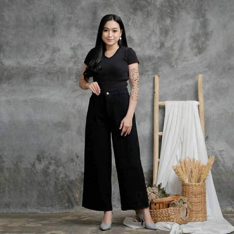 Highwaist Kulot Loose Jeans Hitam / Cullotes Jeans Premium BLACK & WHITE / Kulot Jeans Hitam Putih