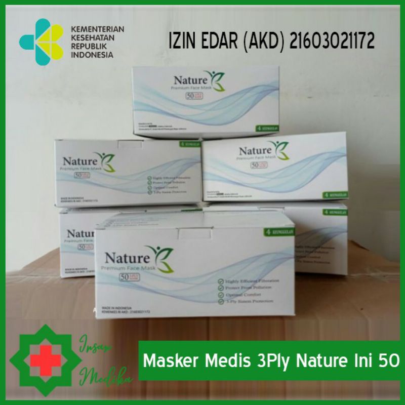 Masker Medis 3ply Nature Isi 50 | Kemenkes RI AKD
