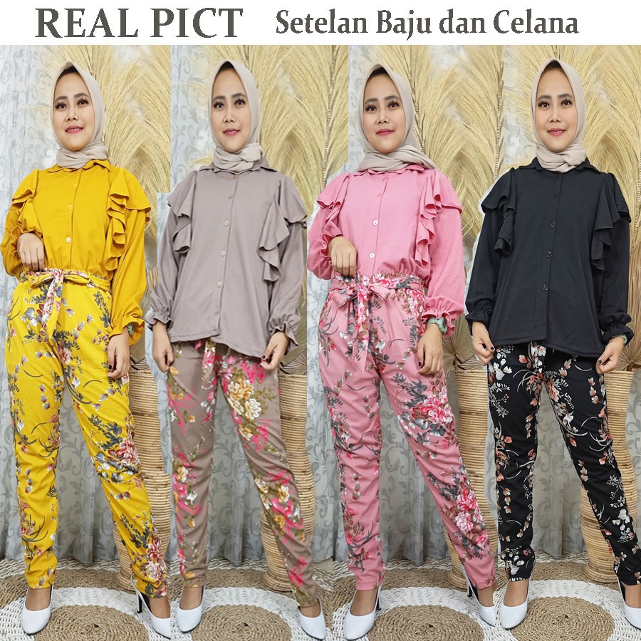 SETELAN MELISSA BAJU BUSUI DAN CELANA BUNGA TALI IKAT PINGGANG GL FASHION