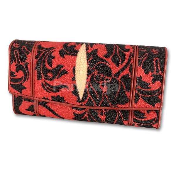 Dompet wanita kulit ikan pari model besar motif bunga merah hitam | dompet kulit ikan pari
