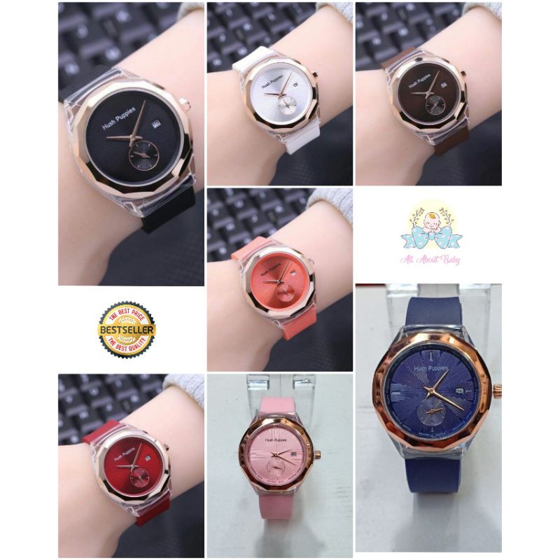 JAM TANGAN WANITA HUSH PUPPIES DETIK BAWAH TALI BAHAN KARET BULAT HP 1988