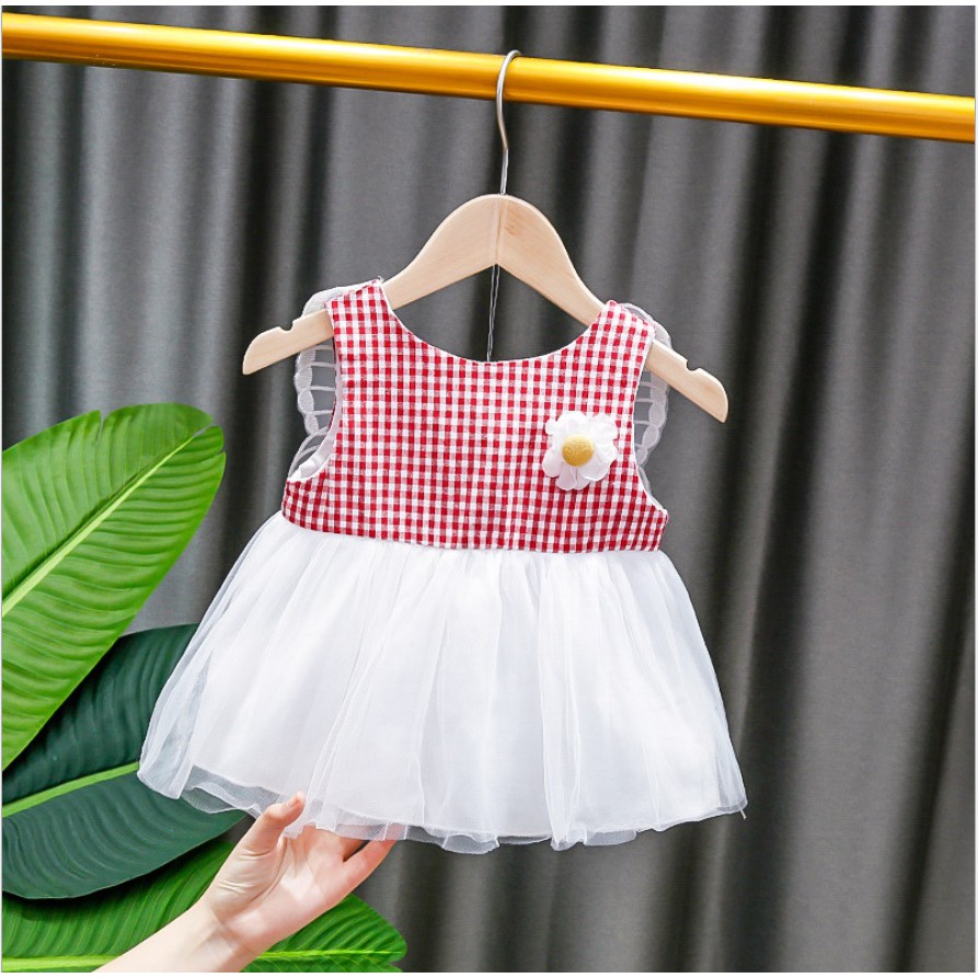 D015- Dress bayi /baju dress anak /pakaian bayi anak perempuan motif sayap kotak2 dengan bunga