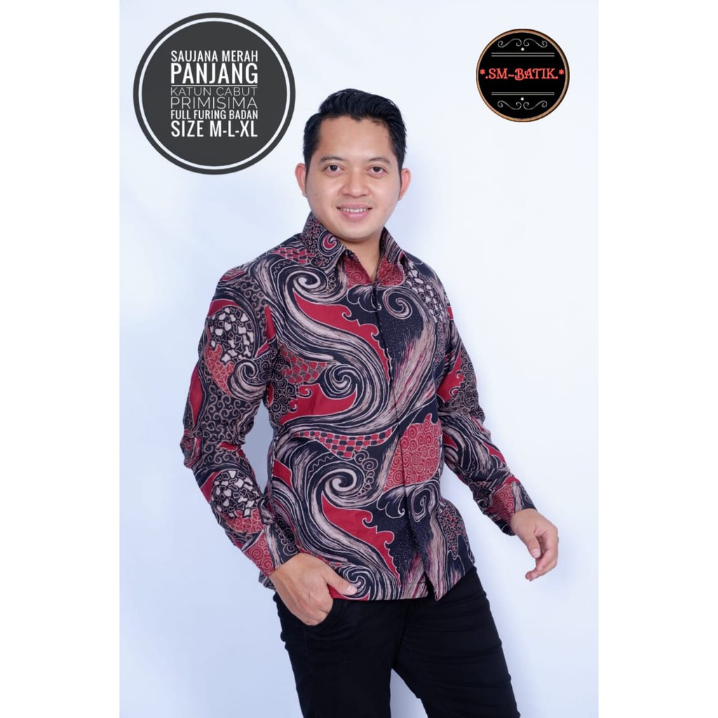 SAUNAJA KLASIK MERAH baju batik pria lengan panjang modern S M L XL XXL BAJU PREMIUM BSO OFFICIAL 1