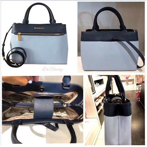 Tas MK Hailee medium satchel pale blue/navy sz 33x23cm