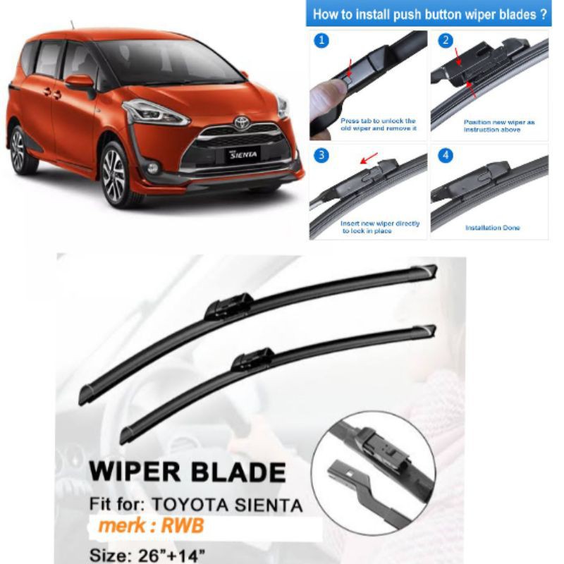 [RWB] 1 Set Wiper Depan Sienta 26&quot;+14&quot; Model Soft Blade Merk RWB