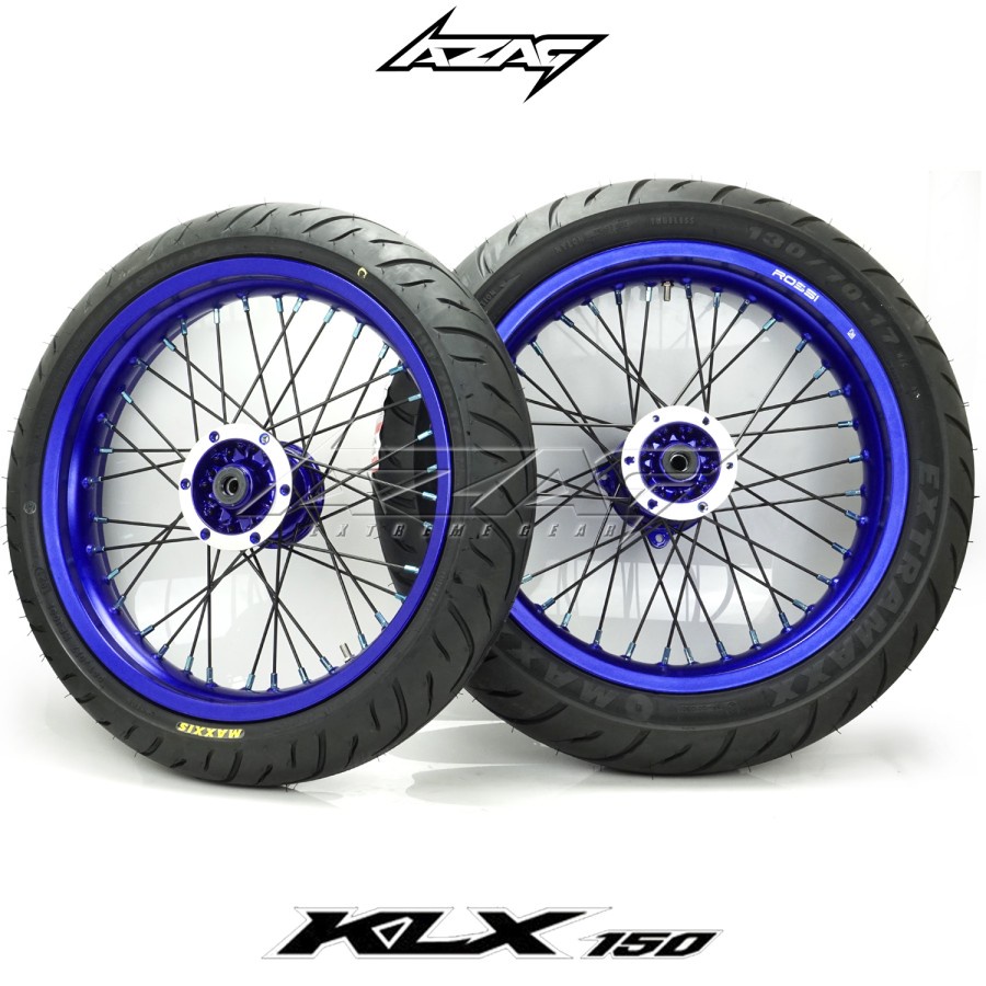BAN SET SUPERMOTO KAWASAKI KLX 150 TROMOL ORIGINAL KAWASAKI KLX BIRU MAXXIS 110-130