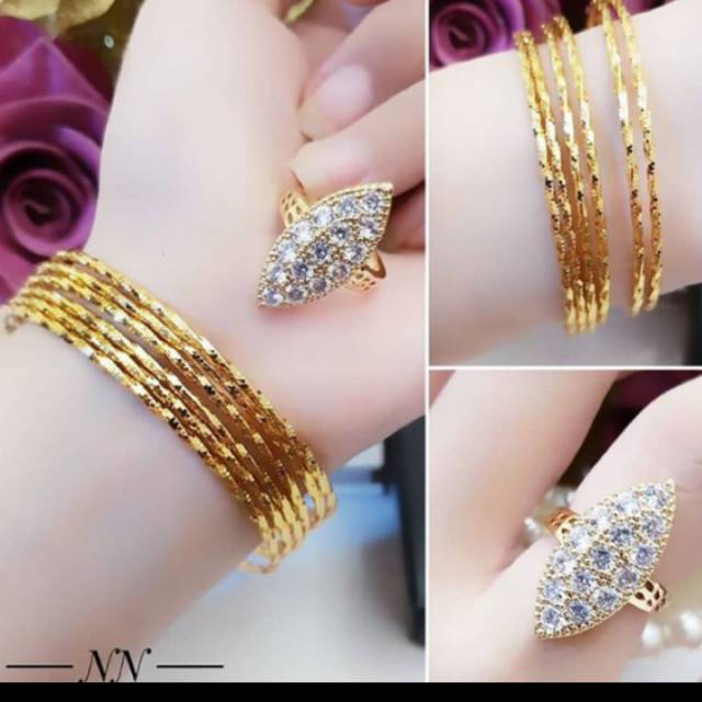 Gelang keroncong set cincin lonjong set perhiasan lapis