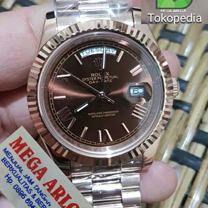 JAM TANGAN COWOK ROLEX DAY-DATE ROSE BROWN ROMAWI SUPER PREMIUM AAA
