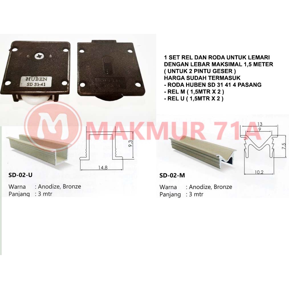 Set Rel dan Roda Lemari sliding untuk 2 Daun pintu / Lemari Geser 3141