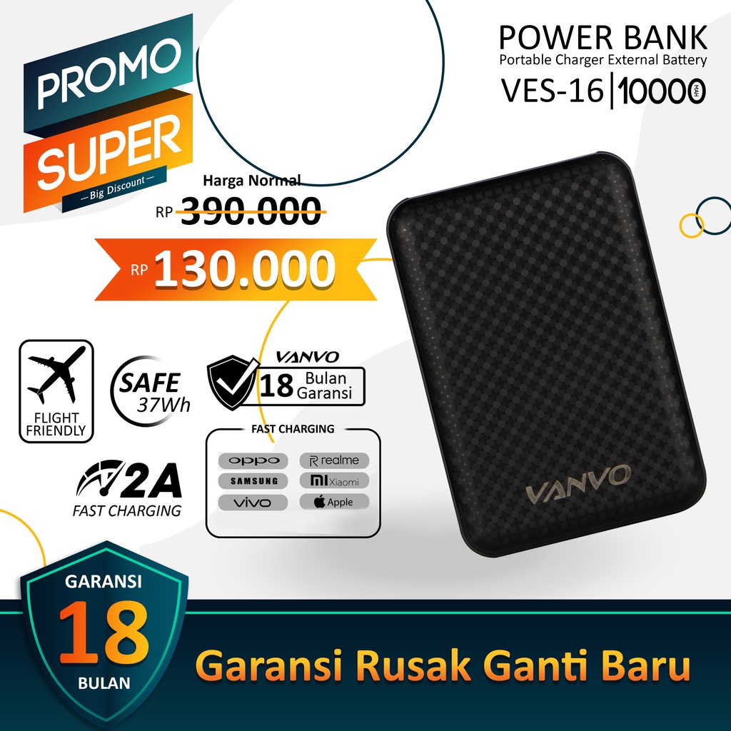 POWER BANK POWERBANK 10000 MAH VANVO VES-16 ORIGINAL DUA OUTPUT POWERBANK SLIM