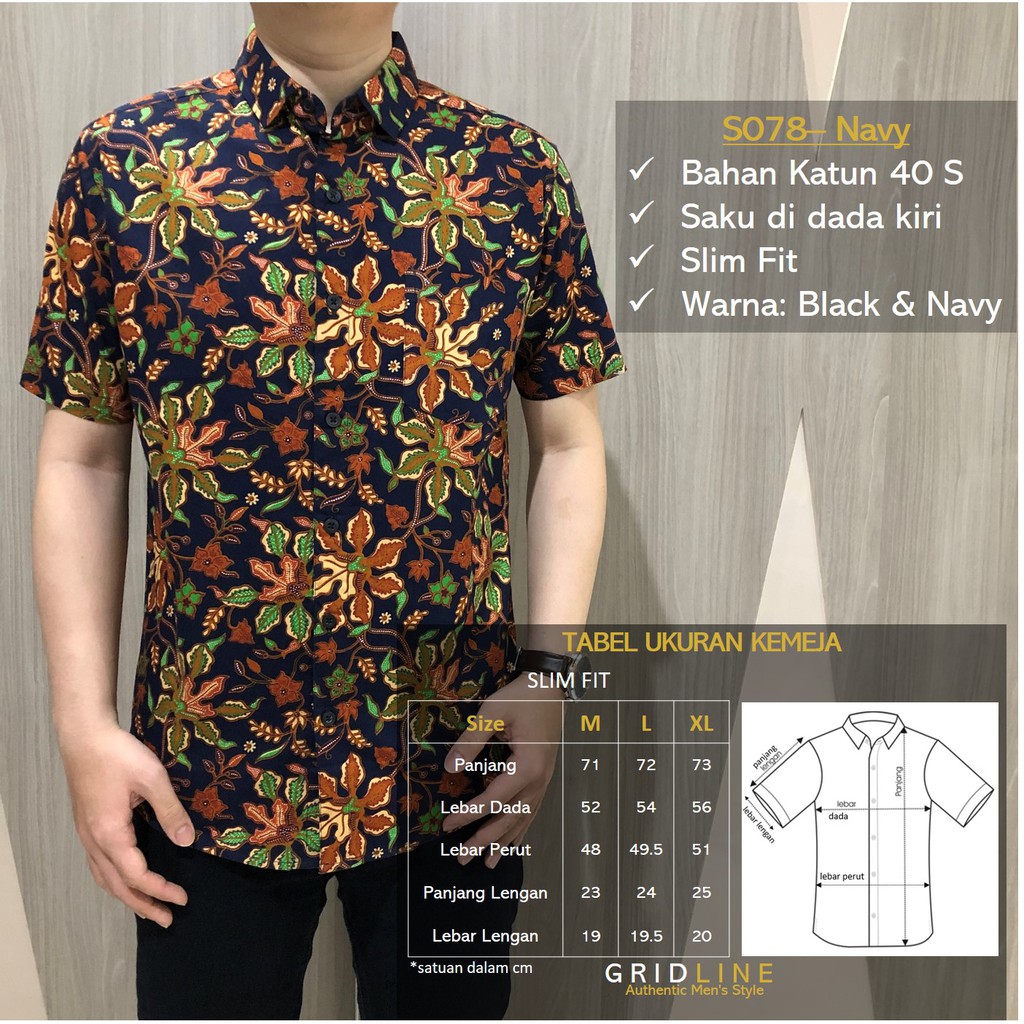 [GRIDLINE - S078 Black &amp; Navy] Kemeja Batik Slimfit Pria Katun Lengan Pendek Floral Kantor M-XXL