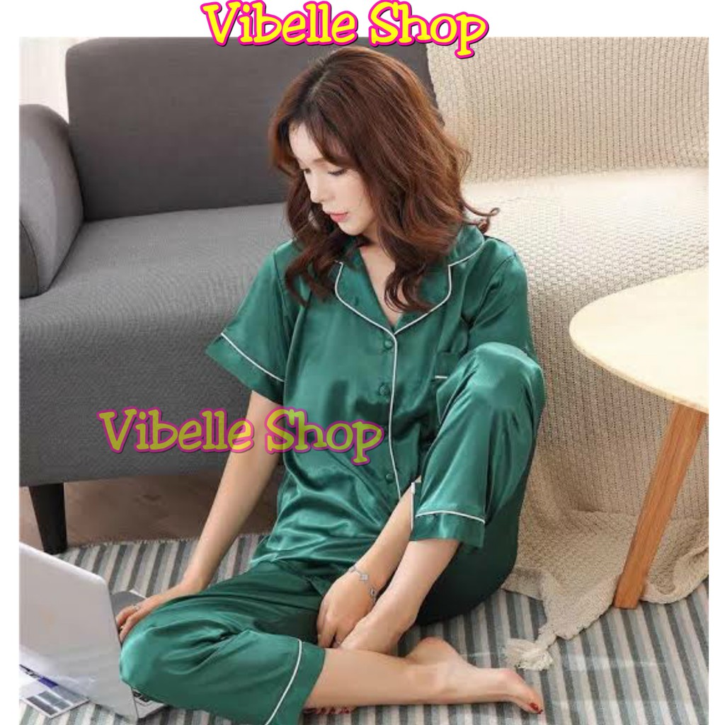 SATINCP - Satin Silky Velvet Premium Vibelle Shop Grosir Baju Tidur CP Piyama Fashion Murah Wanita-Hijau Botol
