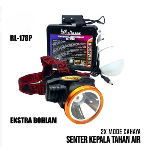 Senter Kepala Berkemah LED Super Terang 50 Watt Cahaya Putih  dan  Kuning RL-178P 178K free(gratis) Bohlam 5watt