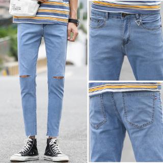  Celana  Jeans Pria  Model  Ripped Potongan Slim  Bahan  Elastis 
