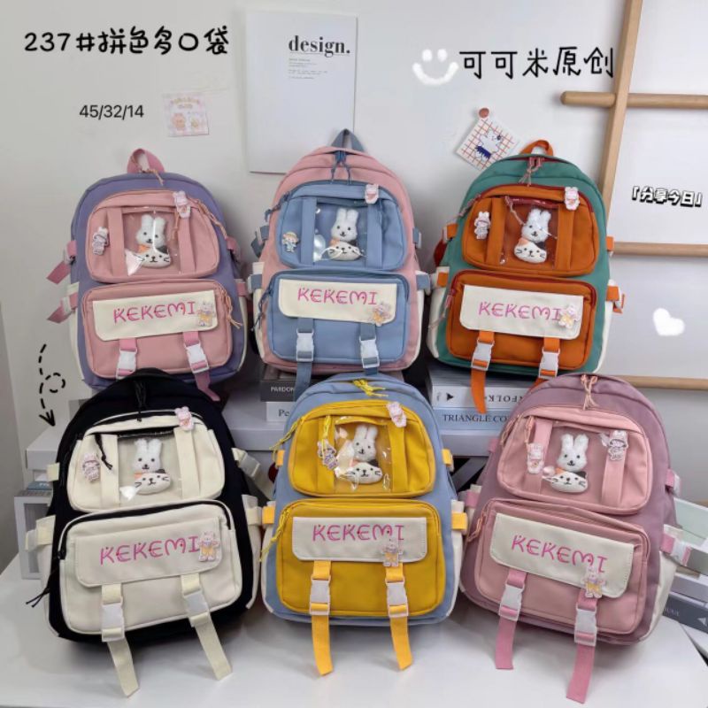 TAS RANSEL Model KOREA BACKPACK IMPORT Kode 237 Ada Pin Boneka Kelinci dan Kucing