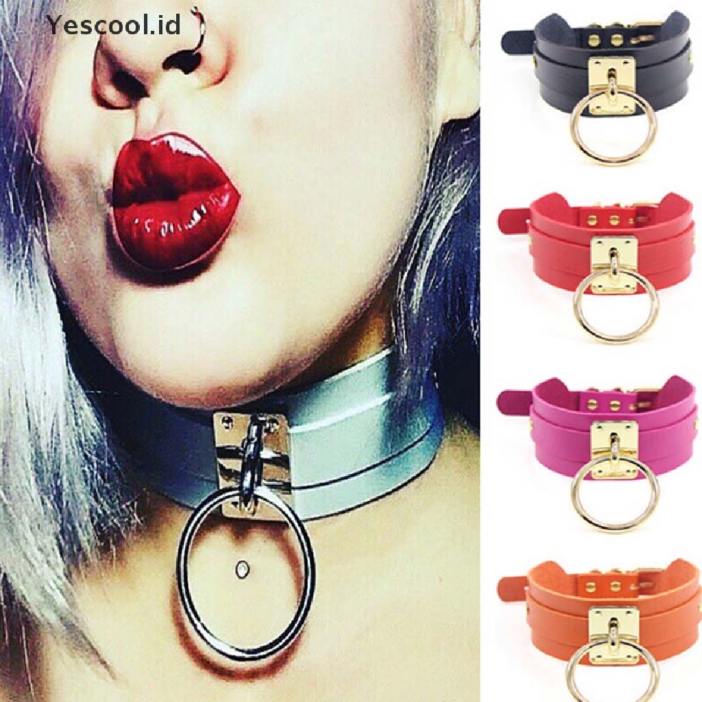 Kalung Choker Bahan Kulit PU Model Lebar Aksen Cincin O Gaya Punk Gothic Untuk Wanita