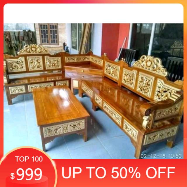 Kursi Tamu Jati Mahkota Bagong - Kursi Tamu Leter L - Kursi Sudut Ukiran Jepara - Kursi Pojok Jati