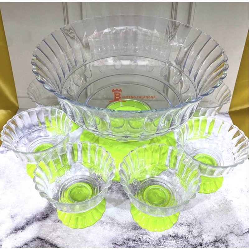 mangkok es buah + 6pcs gelas es buah kristal plastik bening hijau cantik MB 7055 GKB 5031