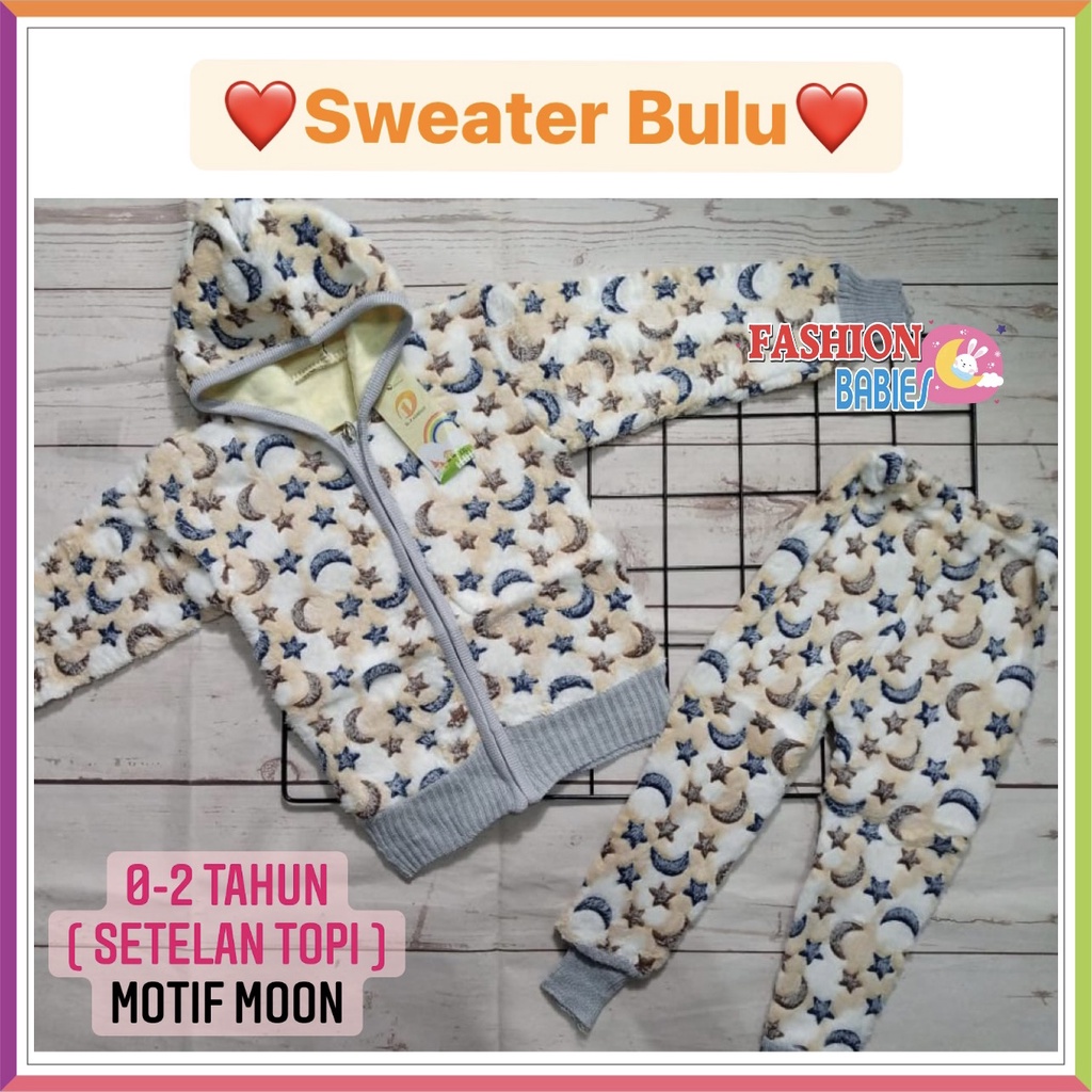 ❤ Fashionbabies ❤ SETELAN BULU IMPORT TOPI 0-2 TH MOTIF BARU