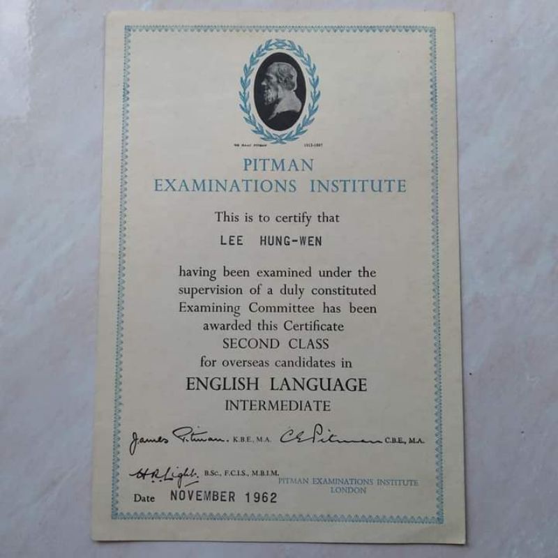 Koleksi Dokumen Arsip Kuno Tua ASLI Sertifikat Pitman Examination Institute London 1962