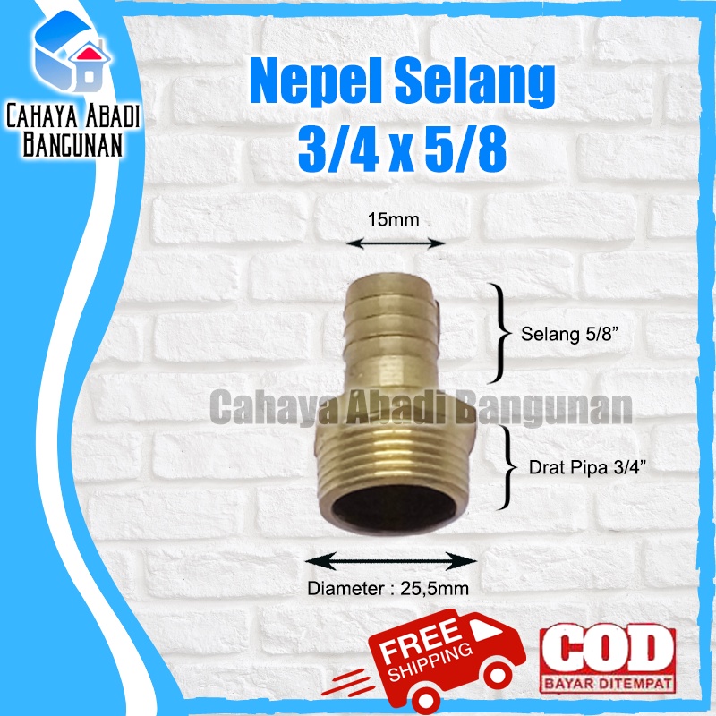 Nepel Selang 3/4 x 5/8 Inch Drat Luar Kuningan Sambungan Hose