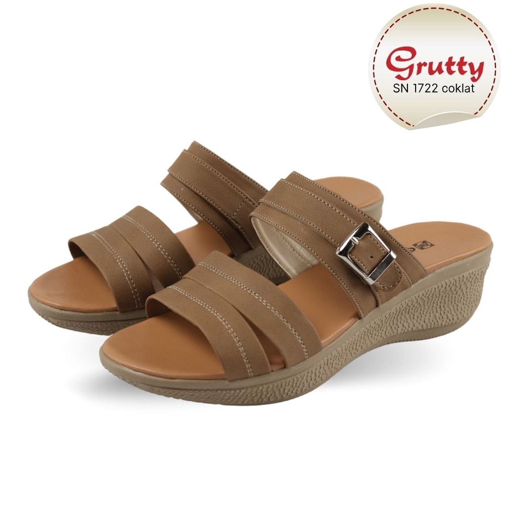 Sendal Wedges Wanita Sandal Slop Wedges Terbaru Grutty SN1722 Coklat