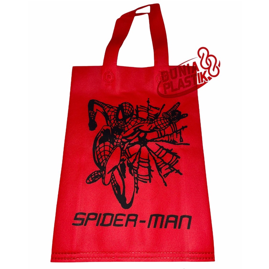 isi12pc TAS KAIN KARAKTER sablon acara party pesta ultah ulang tahun anak souvernir goodie bag kado spunbob gasset tas ramah lingkungan anak cowok cewek spidermen hellokiti unicorn frozen doraemon cars tayo lol tsumtsum-TAS KAIN SPIDERMEN